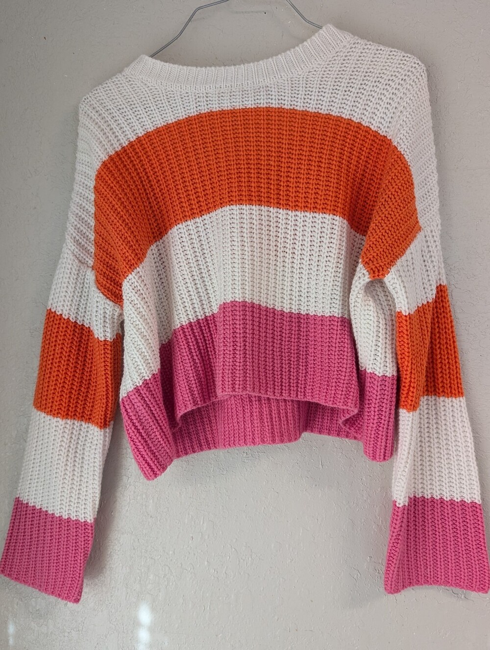 Colorblock Crewneck Sweater Xs Pink Orange Bell Sleeve Slouchy Crop Boxy Indie